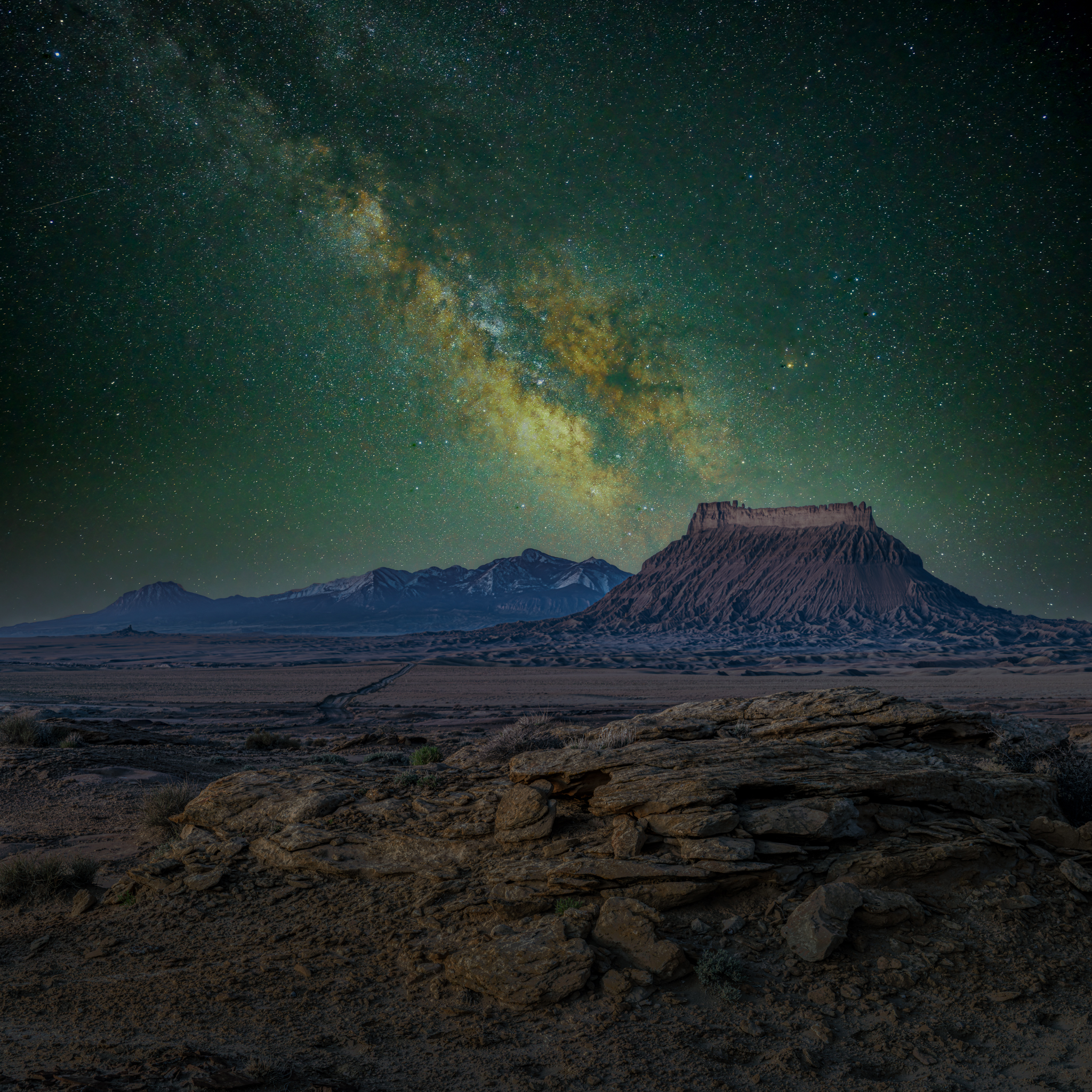 Factory Butte with the Henry Mountsins and the Milky Way