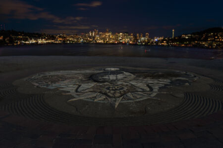 Kite Hill Sundial Reveals Seattle Skyline at Night