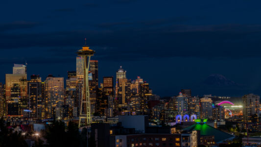 A Faintly Visible Mount Rainier in the Seattle Skyline